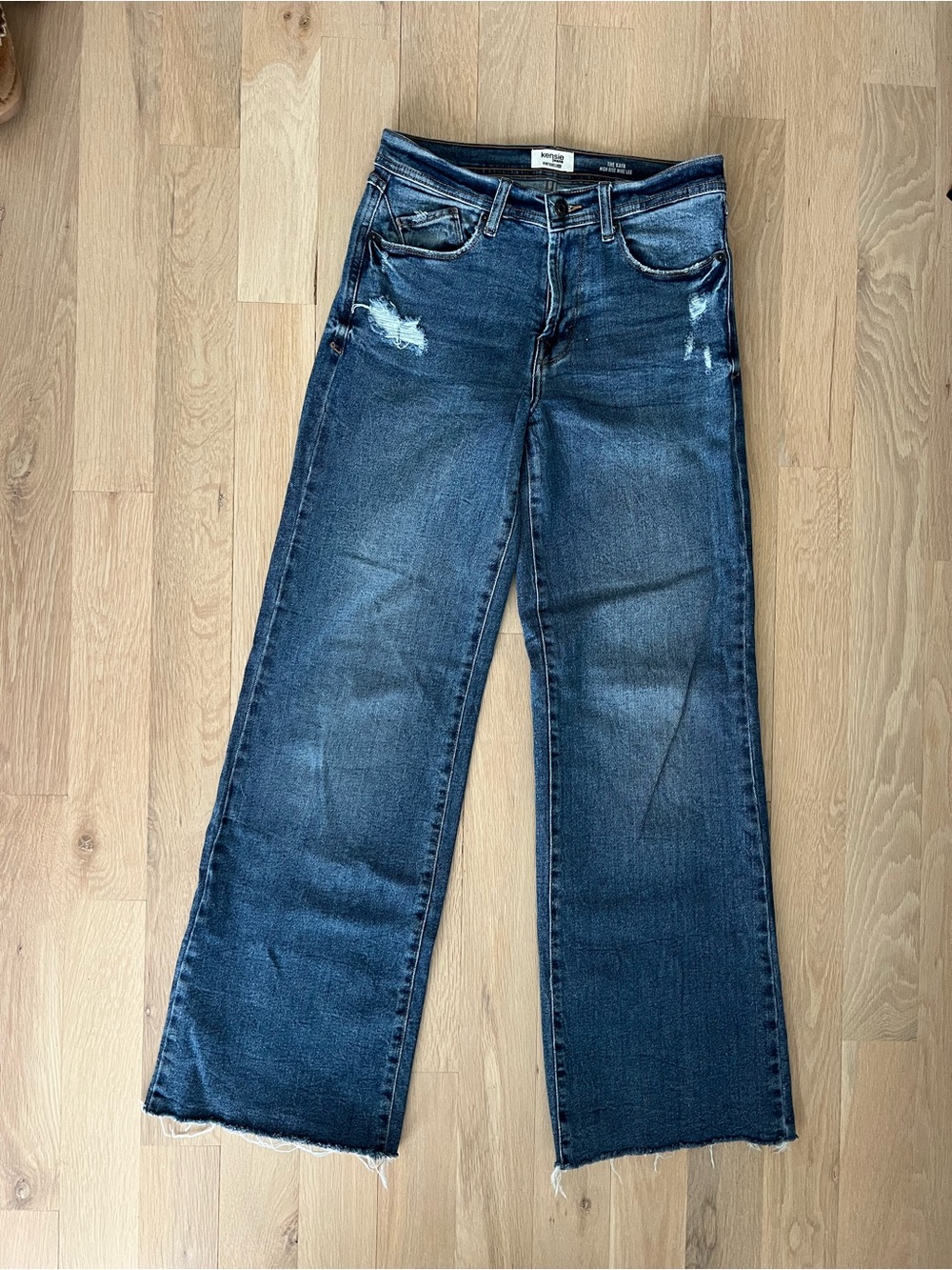 Kensie Dark Blue Wide-Leg Distressed Jeans